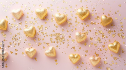 Light pink canvas adorned with cascading golden hearts, soft gold glitter, for a divine Women's Day celebration photo