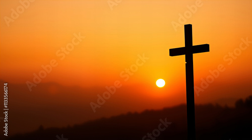 A serene landscape featuring the silhouette of a cross on a hill during a vibrant sunset, with radiant sun rays and colorful clouds in the sky.