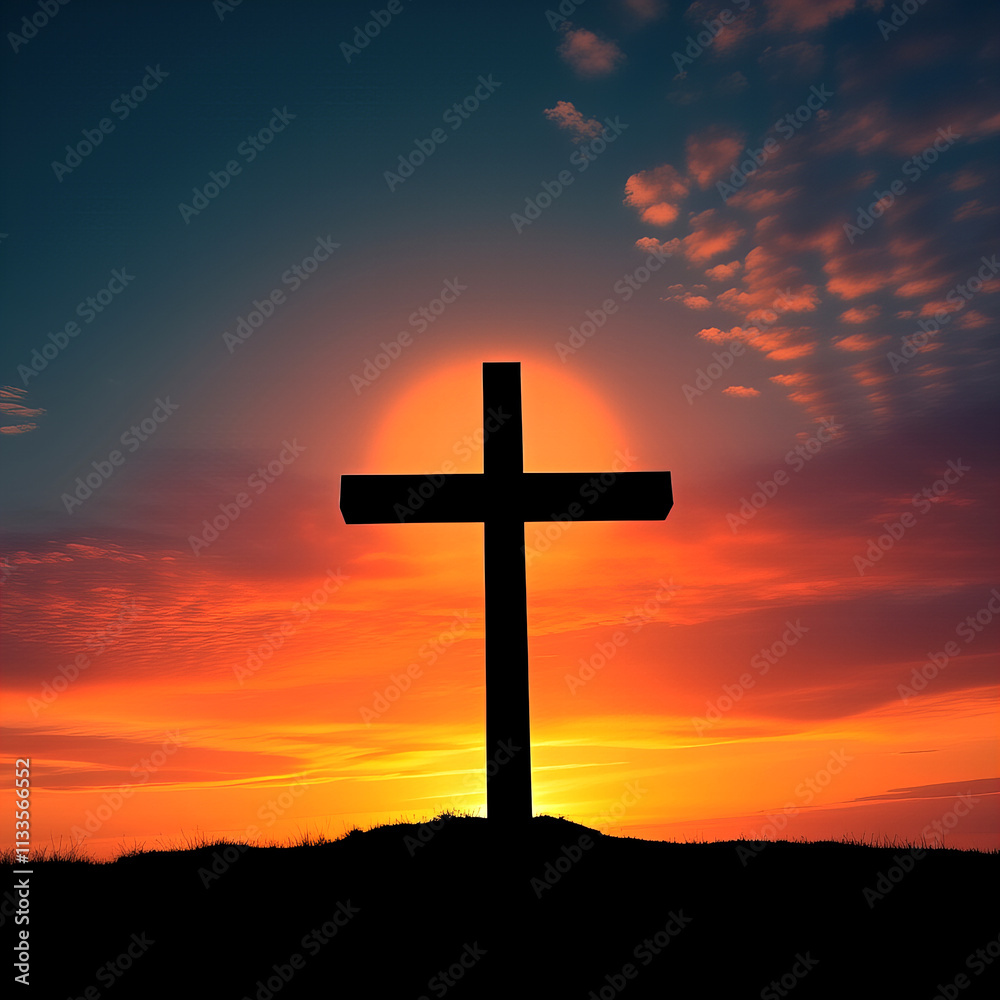A serene landscape featuring the silhouette of a cross on a hill during a vibrant sunset, with radiant sun rays and colorful clouds in the sky.
A serene landscape featuring the silhouette of a cross on a hill during a vibrant sunset, with radiant sun rays and colorful clouds in the sky.