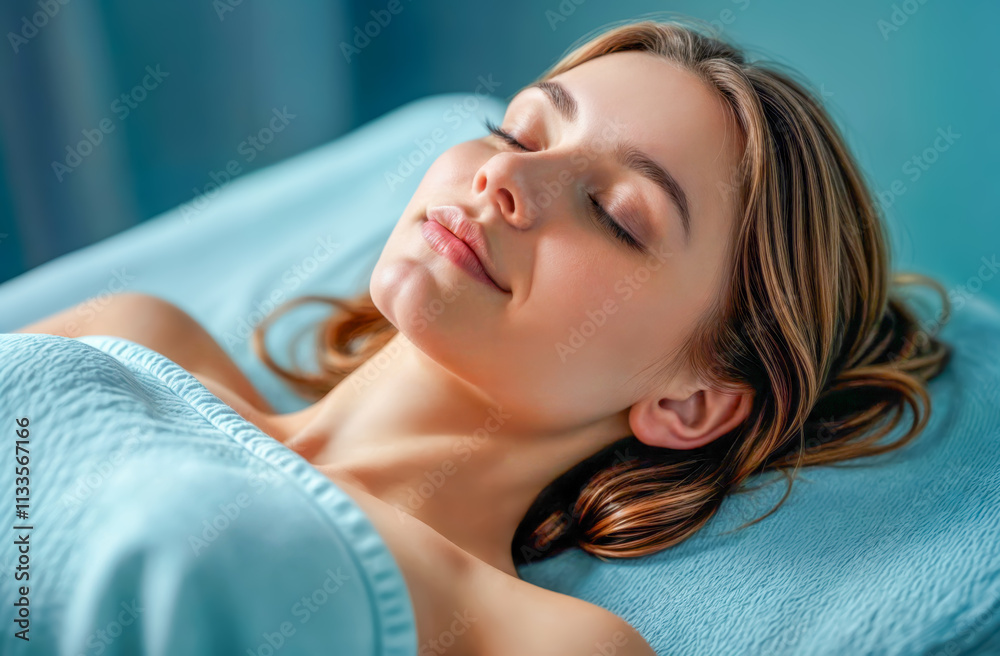 Woman enjoying a relaxing spa treatment with soothing colors and serene atmosphere in a wellness center