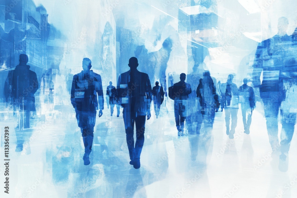 Business people silhouettes working together on digital technology, blue color theme, white background, double exposure photography Generative AI Business people silhouettes working together on digital technology, blue color theme, white background, double exposure photography Generative AI