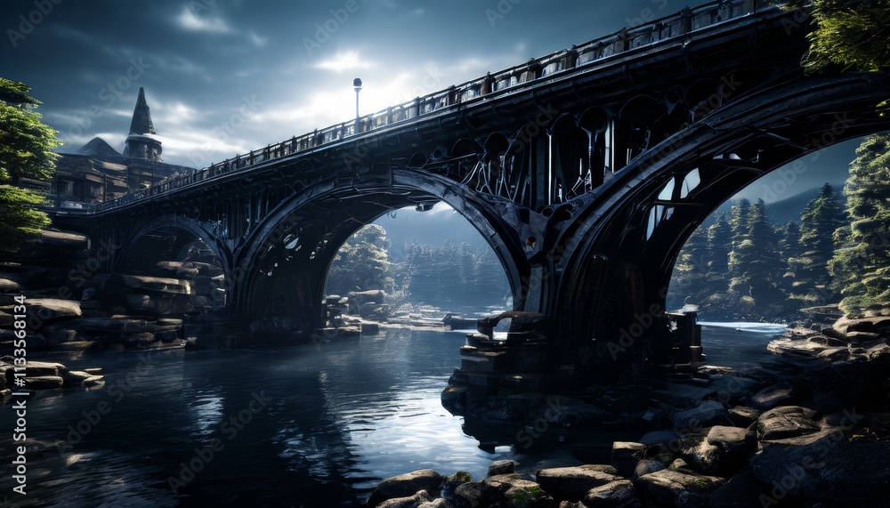 Fototapeta premium A picturesque view of a grand iron bridge stretching over a calm river at twilight. The architectural elegance of the bridge contrasts with the surrounding natural beauty, creating a serene and
