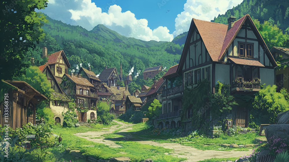 A quaint village nestled in a verdant mountain valley A quaint village nestled in a verdant mountain valley