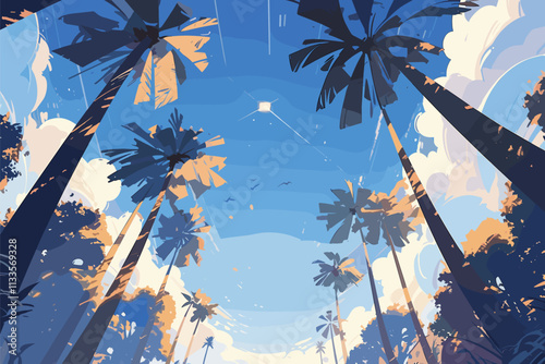 Painting of a tropical forest with palm trees and a blue sky