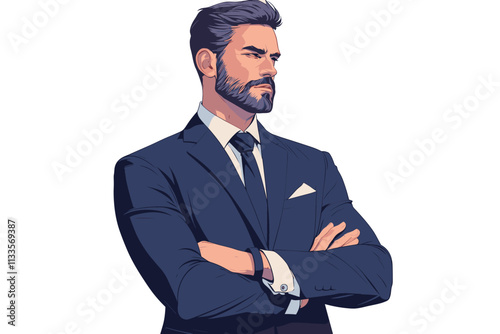 Man in a suit and tie is standing with his arms crossed