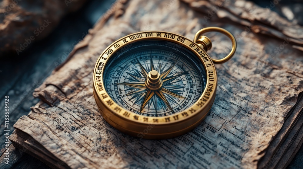 Antique compass rests on aged, text-filled book. Antique compass rests on aged, text-filled book.