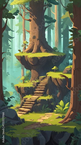 Mobile game asset: 2d forest environment, woods and steps. Level design, cartoon style, platform 