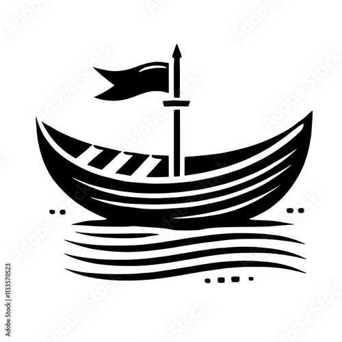Viking Boat Icon: A stylized black and white illustration of a Viking longship sailing on wavy water, featuring a flag. Perfect for nautical themes, adventure, history, and Scandinavian design. 