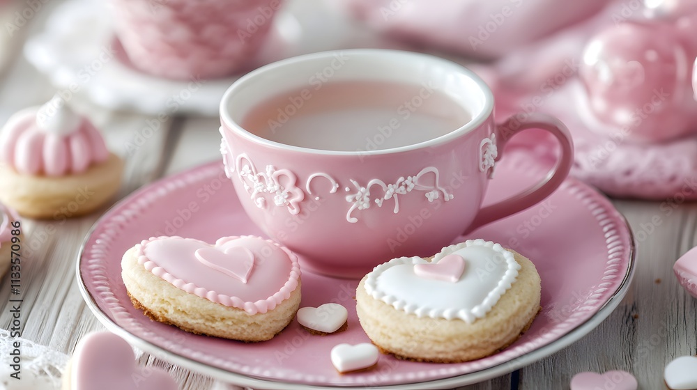 A charming setup featuring a delicate pink teacup filled with tea, accompanied by heart-shaped cookies on a lovely plate. Perfect for romantic gatherings or tea parties. A charming setup featuring a delicate pink teacup filled with tea, accompanied by heart-shaped cookies on a lovely plate. Perfect for romantic gatherings or tea parties.