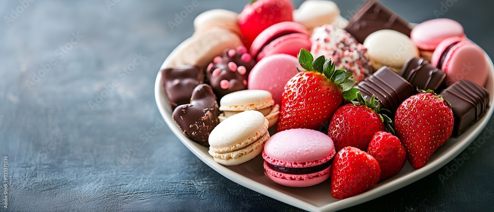 Fototapeta premium A delightful assortment of colorful macarons, chocolates, and fresh strawberries arranged beautifully on a plate, perfect for dessert lovers and special occasions.