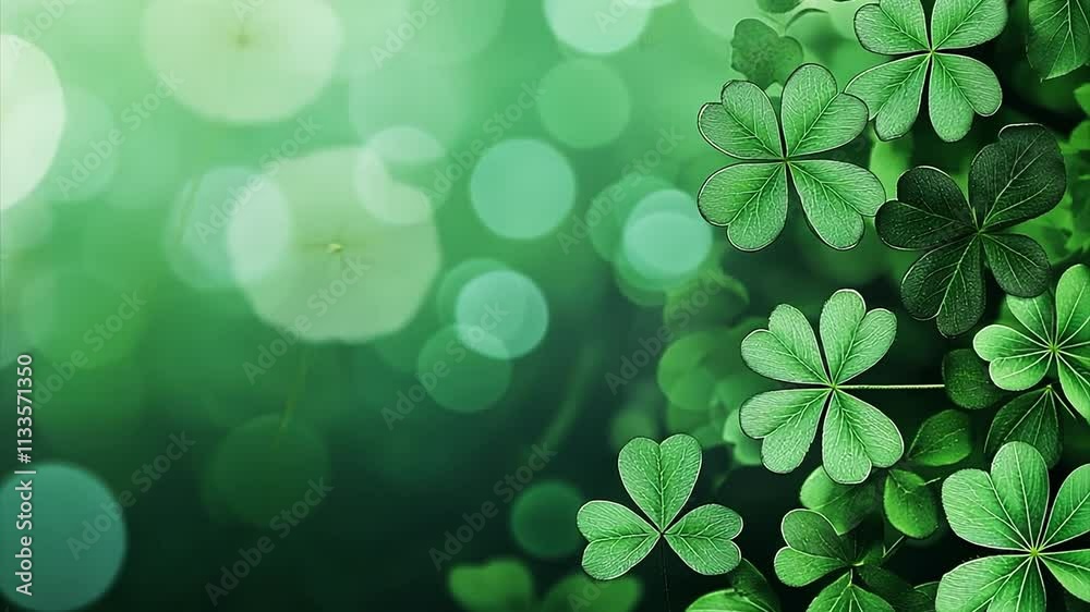 Background of green clovers against a out of focus background for a Saint Patrick's Day themed advertisement.
