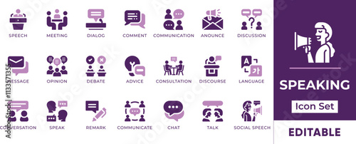 Speaking Icon Set. Features editable icons for speaking symbols, communication, conversation, dialogue, presentation, and more. Perfect for communication, education, and public speaking designs.