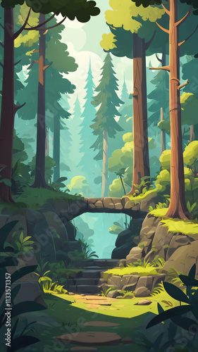 Mobile game asset: 2d forest environment, woods and steps. Level design, cartoon style, platform 