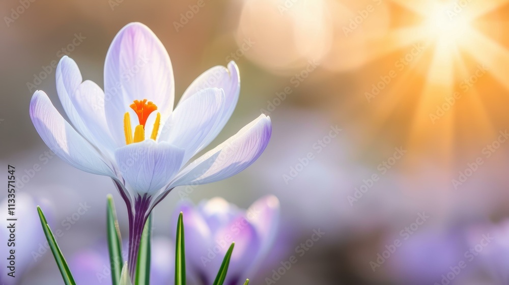 Fototapeta premium A stunning crocus flower blooms in the spring sun, showcasing vibrant colors against a soft, blurred background.