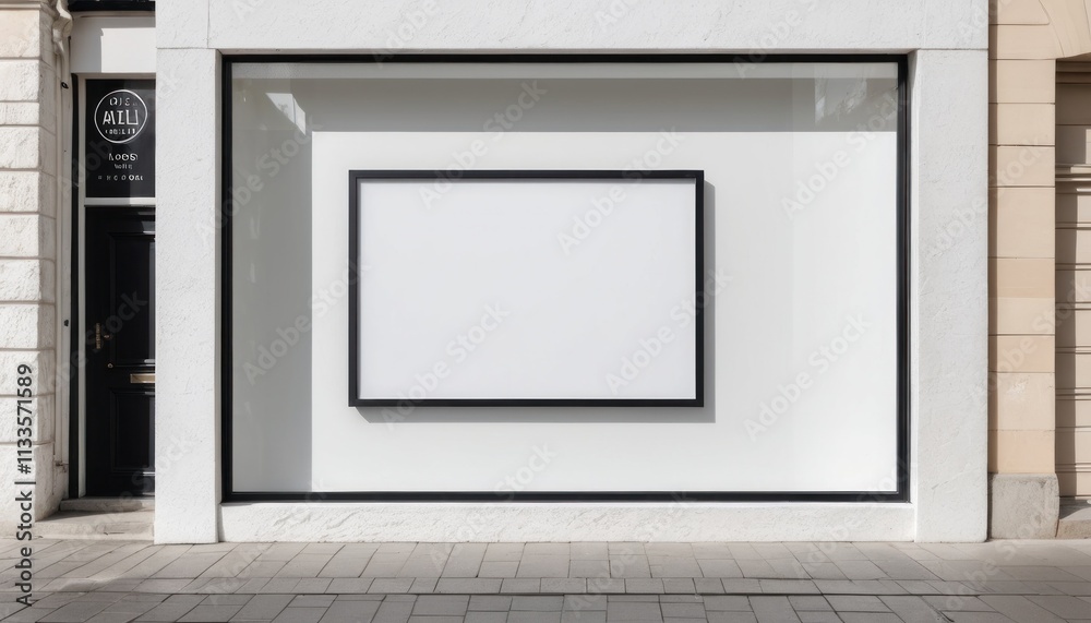 A large advertisement frame in a modern shop window, taken from outside the shop in the day time, in a minimalist style, simple and elegant. The walls and floors are white stone. A large advertisement frame in a modern shop window, taken from outside the shop in the day time, in a minimalist style, simple and elegant. The walls and floors are white stone.