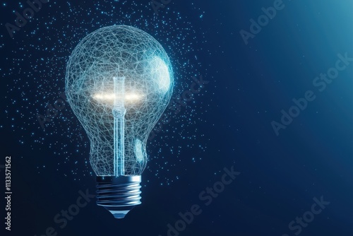 Abstract lightbulb glows blue background. Modern tech innovation concept. Lightbulb idea generation. Digital art style. AI generated image. Creative design. Possible use for tech articles advertising