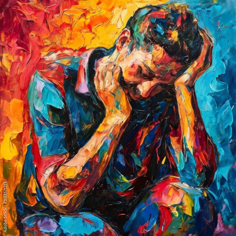 Fototapeta premium A striking, abstract painting of a man with his head in his hands, surrounded by a swirl of bold, vivid colors. The brushstrokes evoke a sense of contemplation and emotional depth.. AI Generation