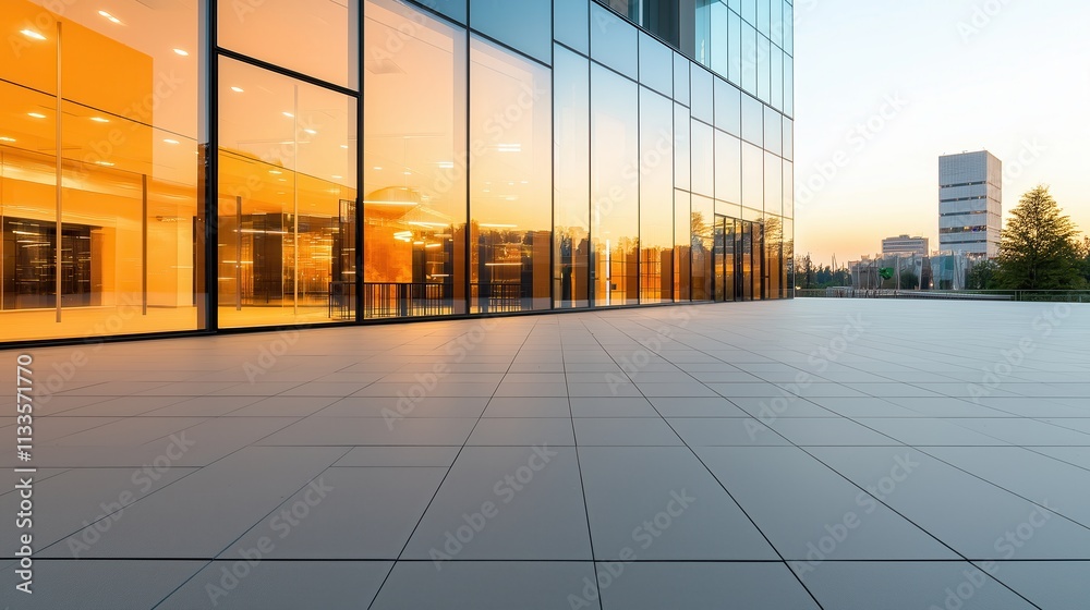 Fototapeta premium Modern office building with glass facade reflecting sunset sky and urban skyline in the distance, featuring spacious outdoor plaza and minimalist architecture