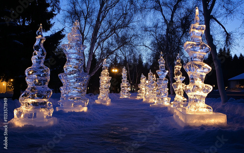 Ice sculptures glowing under festive lights, with clear space for text in the sky. Ideal for winter holiday themes and seasonal designs with a magical atmosphere.

 photo