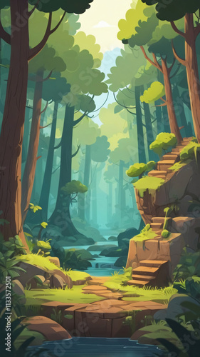 Mobile game asset: 2d forest environment, woods and steps. Level design, cartoon style, platform 