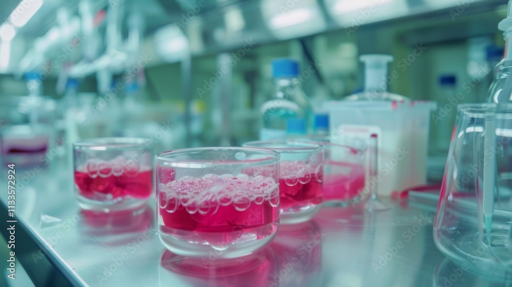 Laboratory Research: Pink Liquid Samples in Glass Containers Undergoing Scientific Experiments in a Modern Lab Setting Laboratory Research: Pink Liquid Samples in Glass Containers Undergoing Scientific Experiments in a Modern Lab Setting