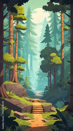 Mobile game asset: 2d forest environment, woods and steps. Level design, cartoon style, platform 
