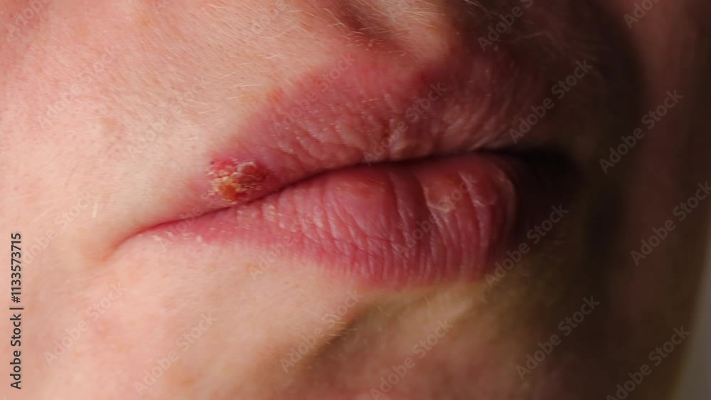 Healing cold sore on lip with finger pointing at scab. Close-up of herpes blister in recovery stage. Focus on skin healing, viral outbreak treatment, and managing irritation.