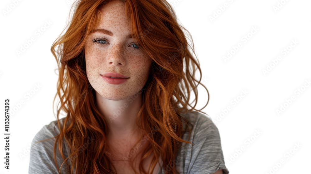 Happy attractive young woman with long wavy red hair and freckles on white background Happy attractive young woman with long wavy red hair and freckles on white background