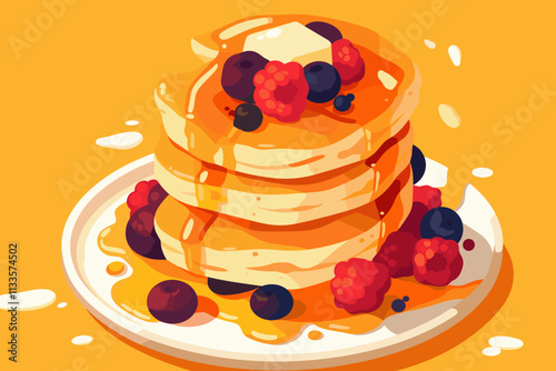 Stack of pancakes with blueberries and raspberries on top