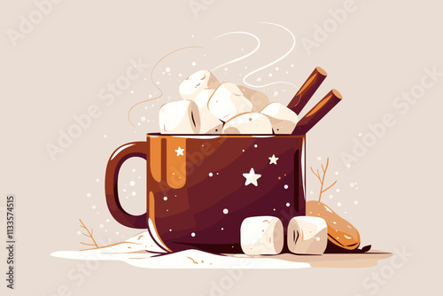 Mug of hot chocolate with marshmallows and cinnamon sticks