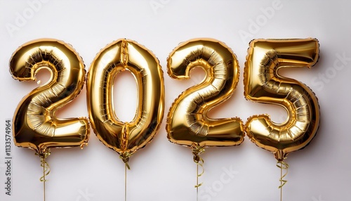 Number 2025 golden balloons on white background with copy space. Generated image