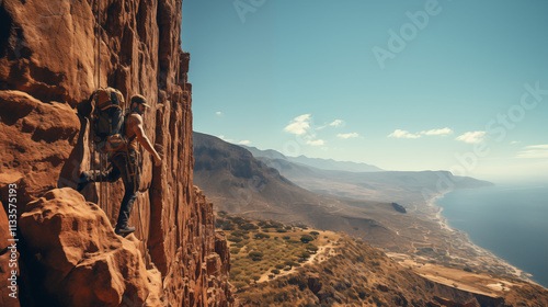 Young extreme climber on rocks against the backdrop of mountains and nature.