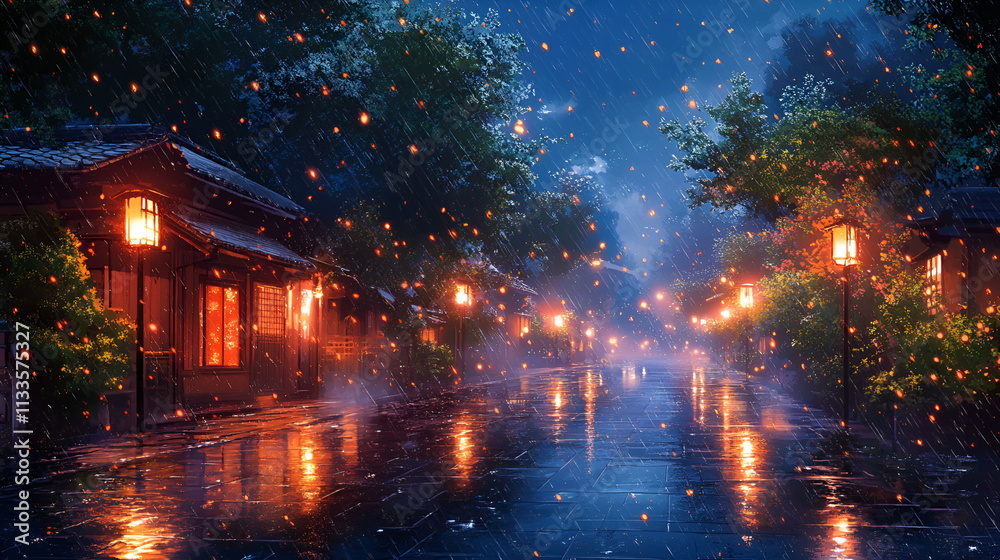 Obraz premium Rainy Night in a Japanese Village Street Scene
