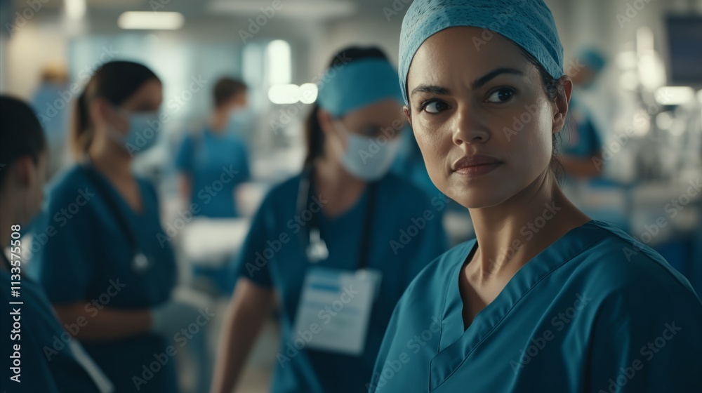 Fototapeta premium Woman in a blue scrubs is standing in front of a group of other people