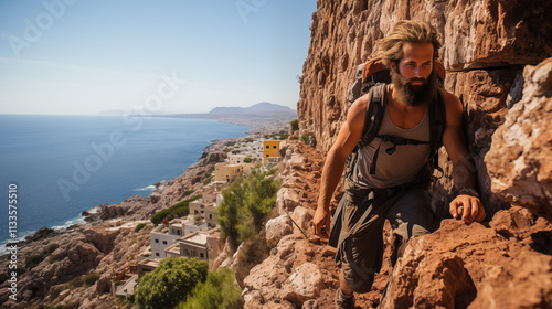 Young extreme climber on rocks against the backdrop of mountains and nature.