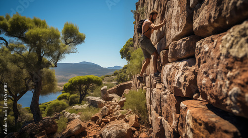 Young extreme climber on rocks against the backdrop of mountains and nature.