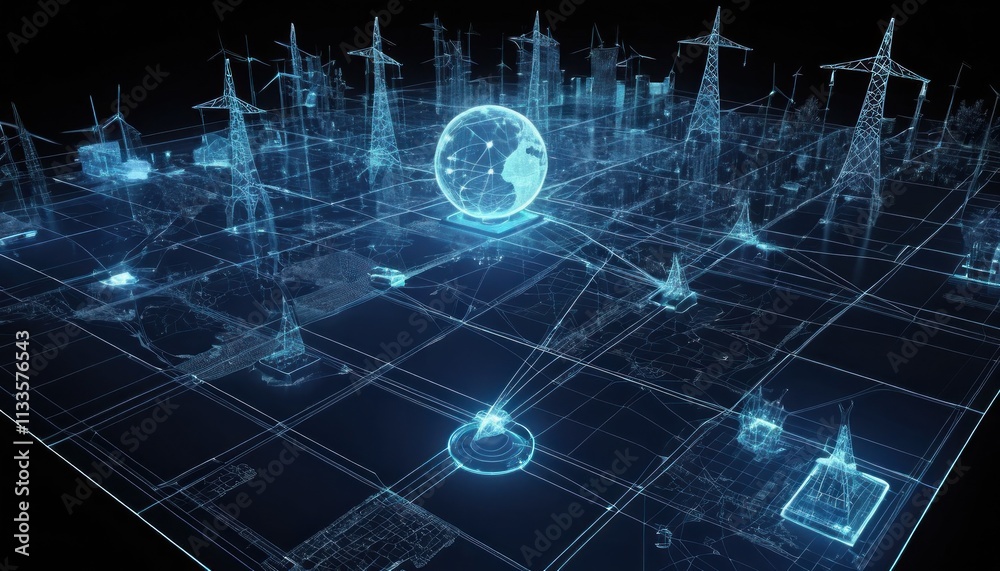 Fototapeta premium Futuristic Smart Grid Interface with Interactive 3D Power Network Visualization