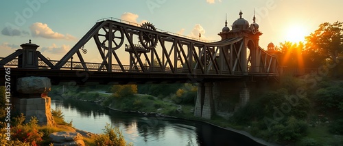 Serene Steampunk Sunset Bridge over River - Adobe Stock