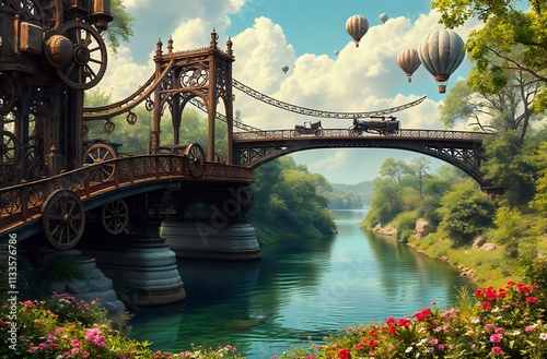 Steampunk Bridge Scene with Train and Balloons photo