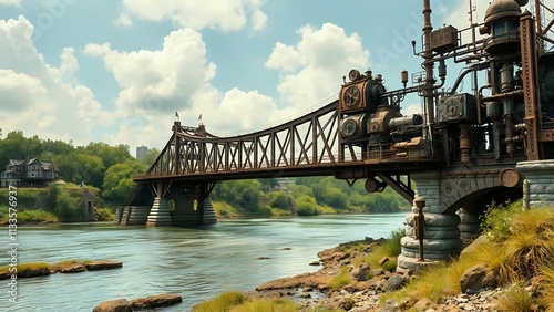 Vintage Steampunk Bridge Over Serene River