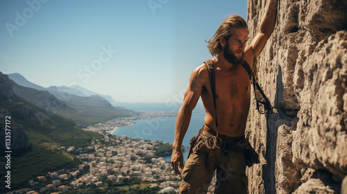 Young extreme climber on rocks against the backdrop of mountains and nature.