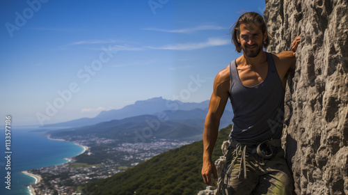 Young extreme climber on rocks against the backdrop of mountains and nature.