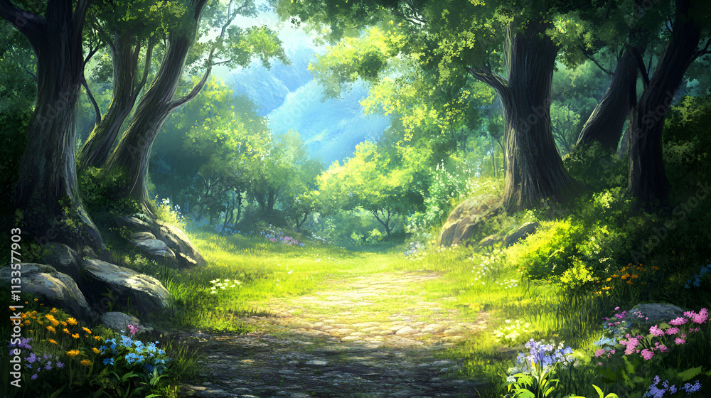 Obraz premium Sunlit Path Through A Lush Green Forest