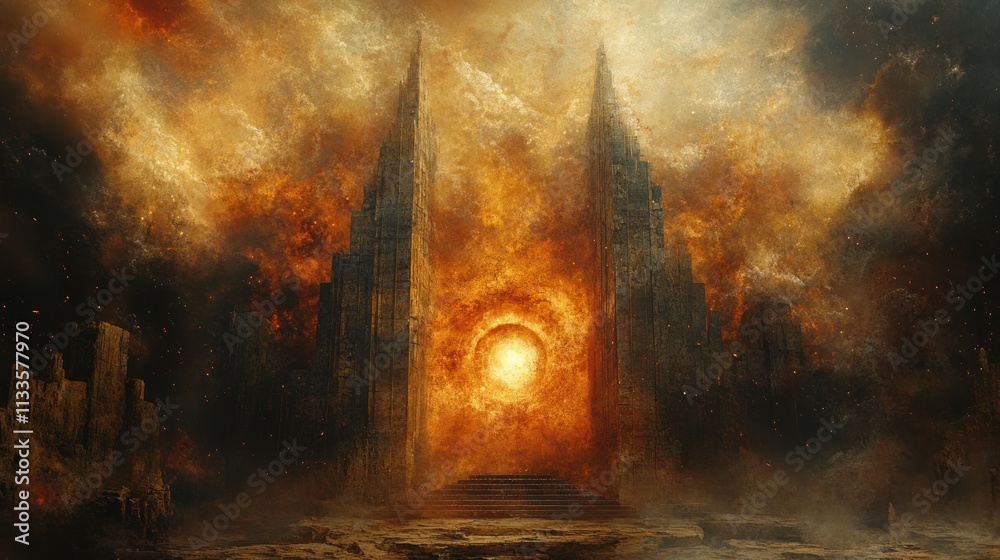 Fiery gateway, burning towers, apocalyptic scene. Fiery gateway, burning towers, apocalyptic scene.