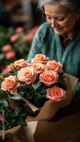 close-up of Senior woman receiving peach roses delivery