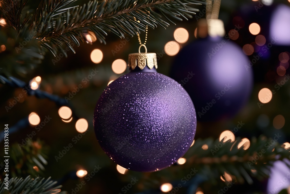 Purple Christmas ornament with twinkling lights on tree. Festive holiday decorations. Beautiful purple glitter sphere hangs on pine branch. Festive ambiance of holidays. Sparkle, shine of Purple Christmas ornament with twinkling lights on tree. Festive holiday decorations. Beautiful purple glitter sphere hangs on pine branch. Festive ambiance of holidays. Sparkle, shine of