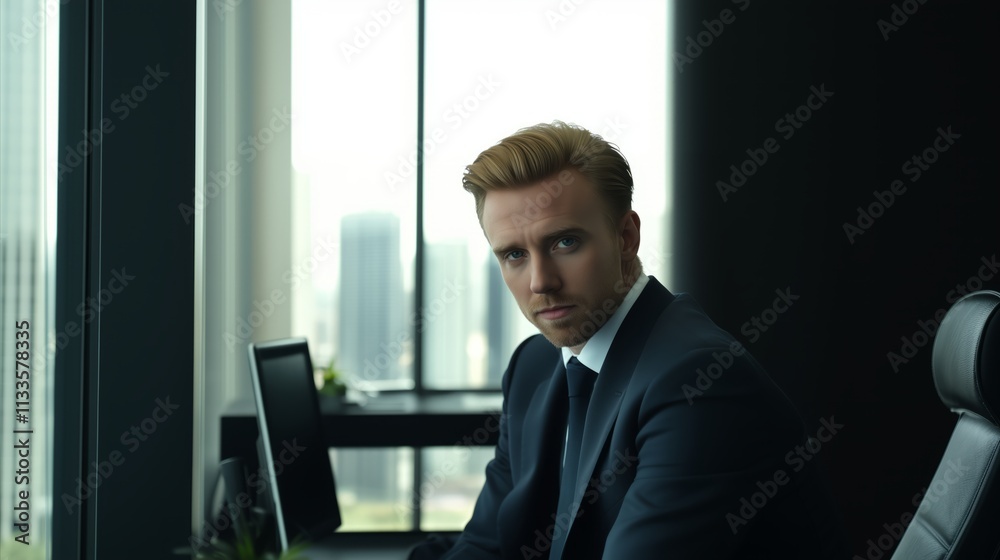 Man in a suit is sitting at a desk with a computer monitor in front of him Man in a suit is sitting at a desk with a computer monitor in front of him