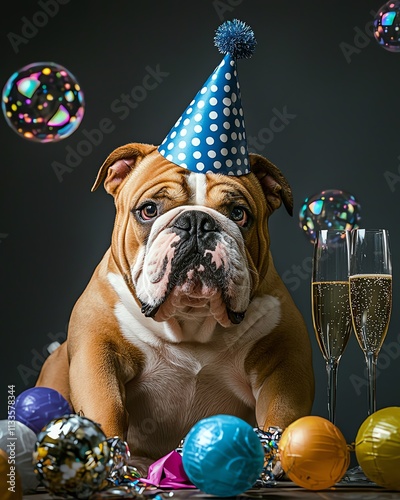 Robust Bulldog in royal blue polka dot party hat, surrounded by champagne bubbles and party decorations, comedic celebration vibes