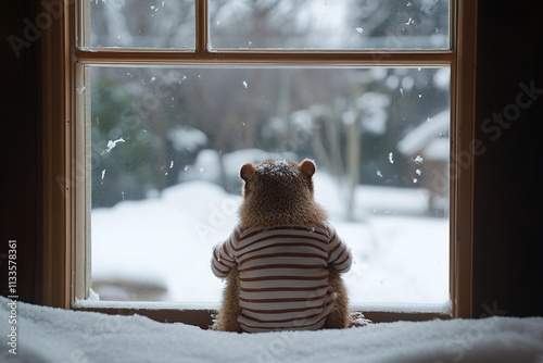 Woodchuck In Striped Sweater Watches Winter Snow photo