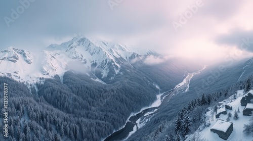 Snowy Landscapes with Mountains, Forests, and Frozen Rivers